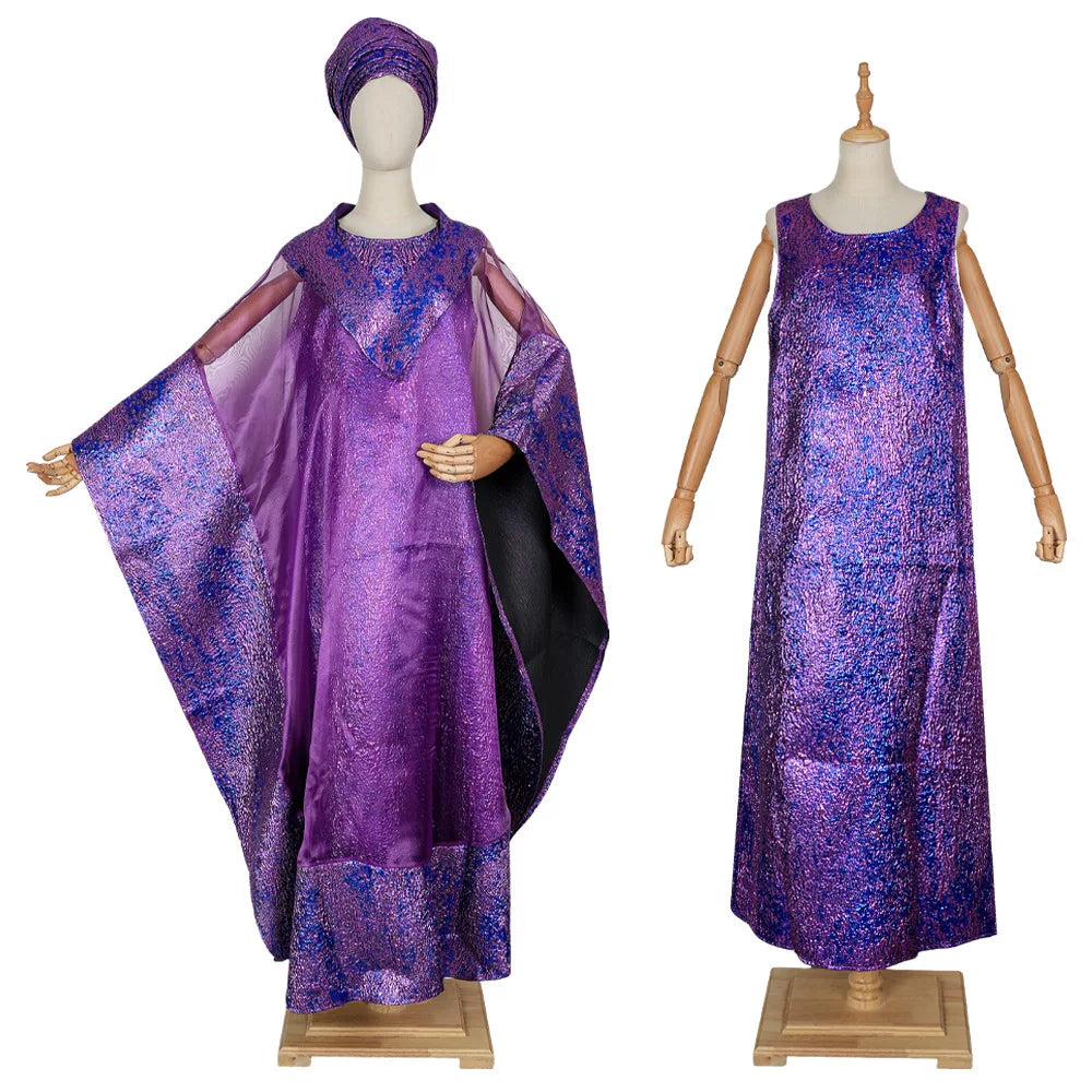 Flowing pink jacquard robe with elegant drape paired with matching decorative headscarf