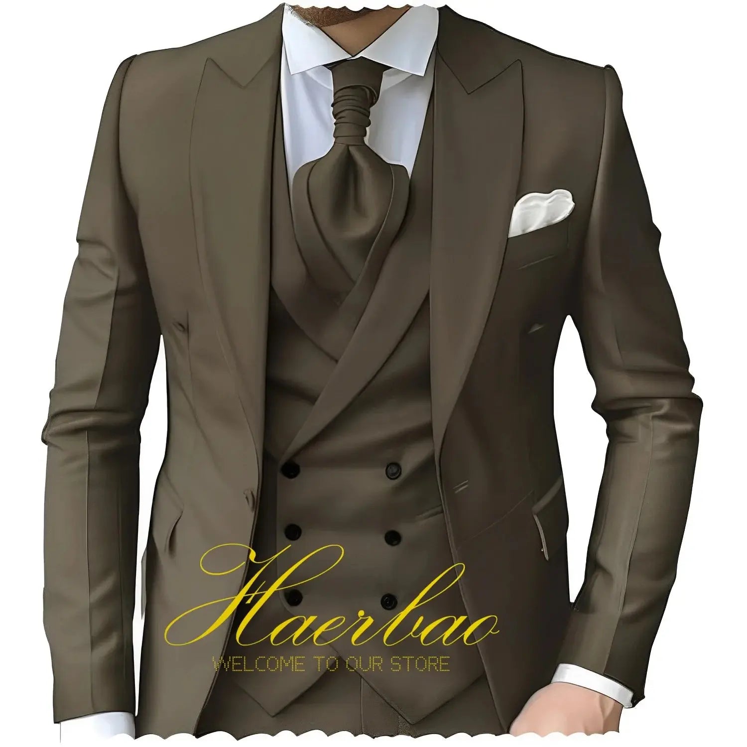 Back view of the tailored navy three-piece suit, emphasizing the sharp silhouette.