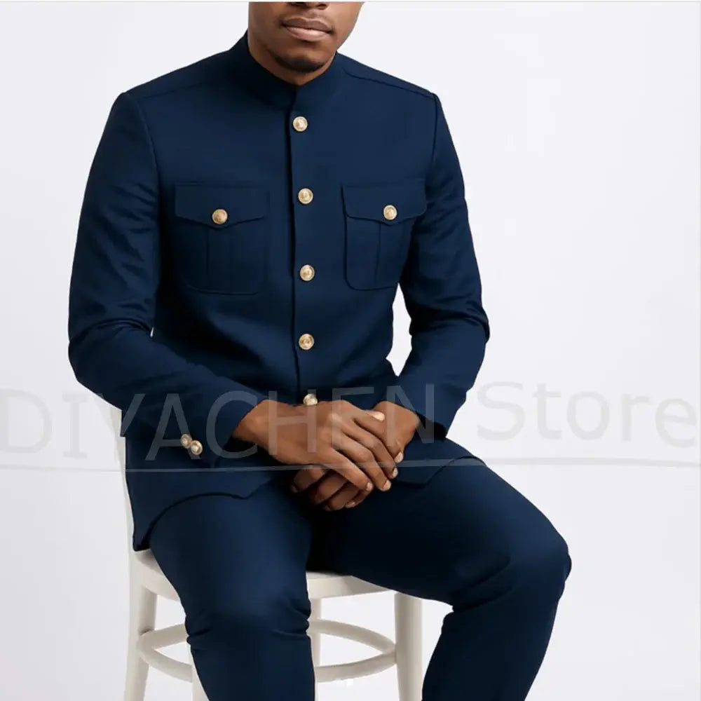 Tailored men's suit in navy blue, crafted from cotton and polyester blend.
