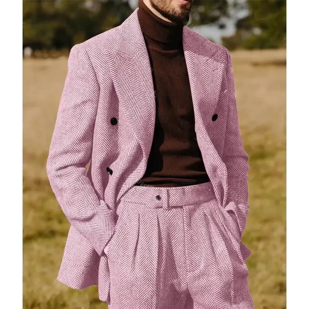 Side view of the tailored herringbone suit, emphasizing its sleek silhouette.