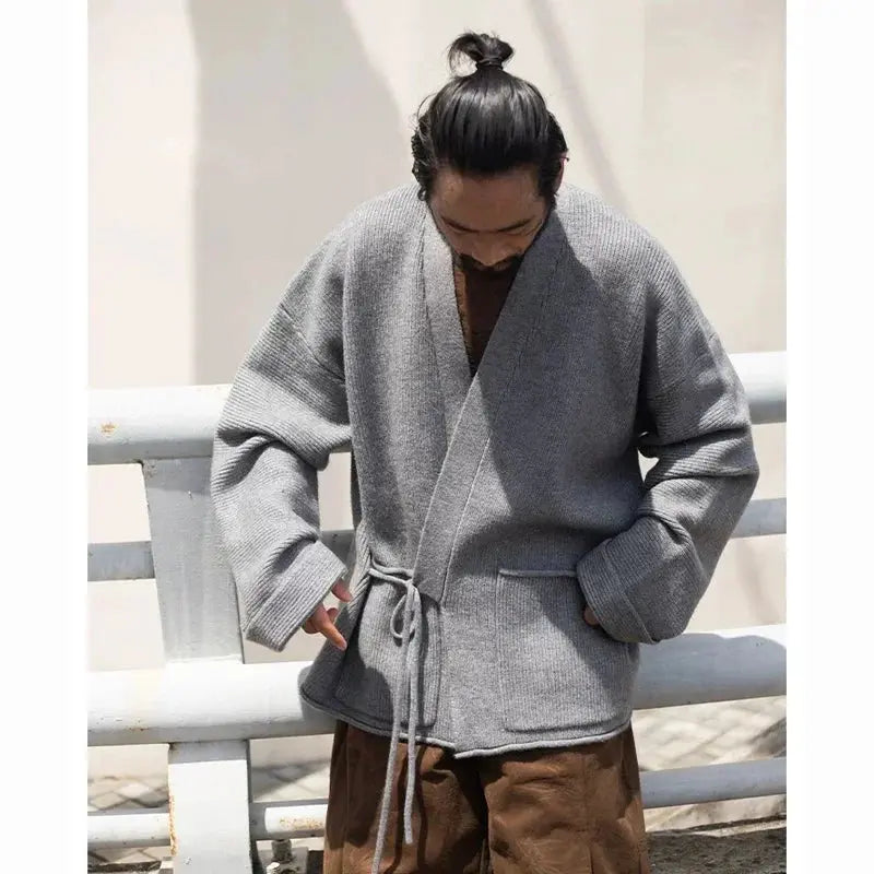 Model wearing the City Twilight Kimono, styled for a casual coffee run in the city.