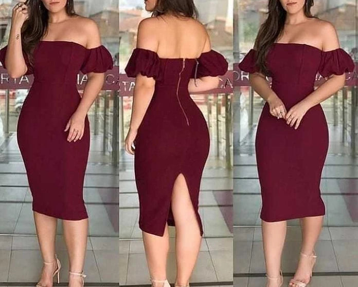 Red off-shoulder charm dress with bubble sleeves, perfect for evening wear and cocktail parties.