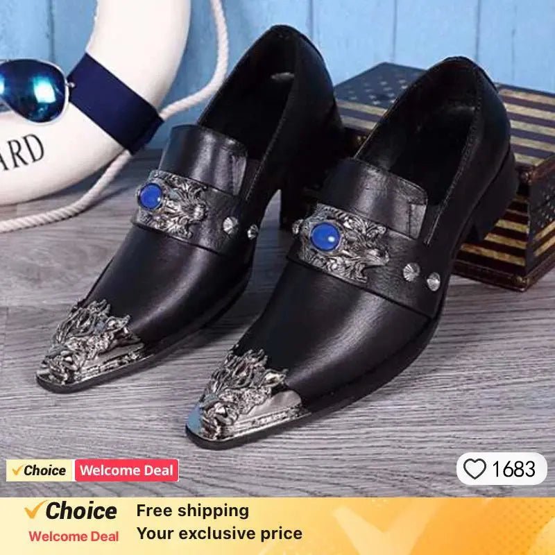 Men's formal leather shoes with paisley pattern and crystal embellishments in metallic finish