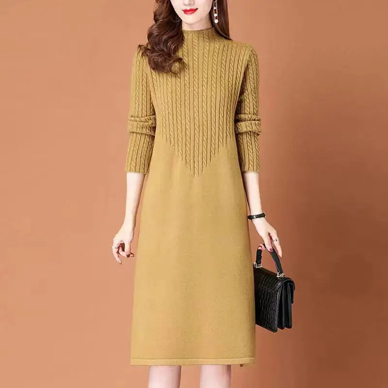 Model wearing the Cozy Elegance Knit Dress in vibrant yellow, highlighting its figure-flattering silhouette.