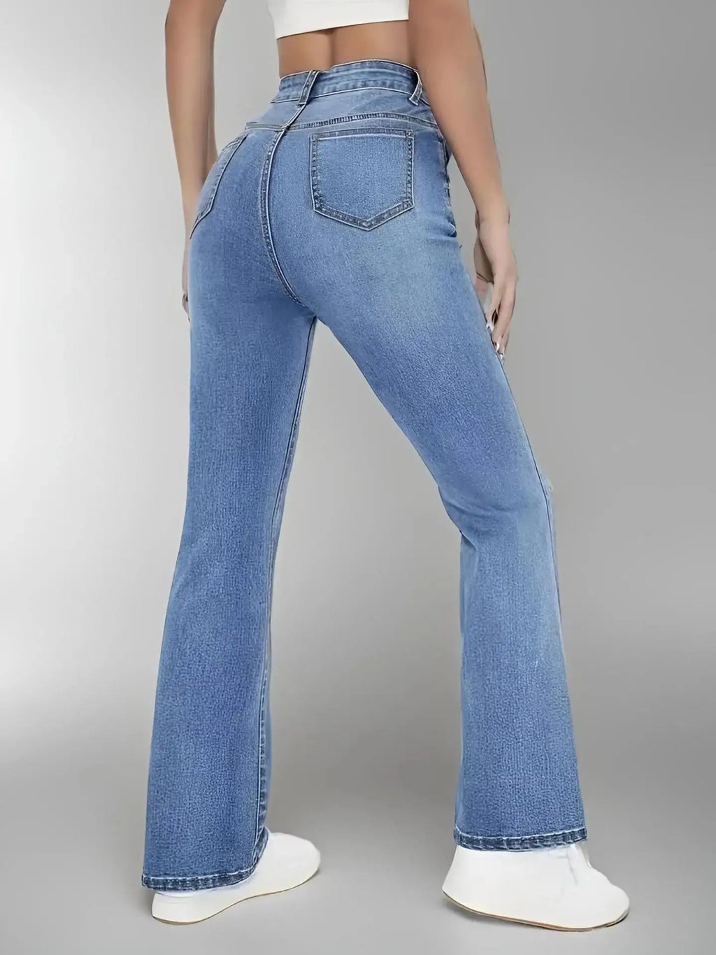 Close-up of soft stretch fabric in Sunset Strolls Denim, highlighting quality and eco-conscious materials.