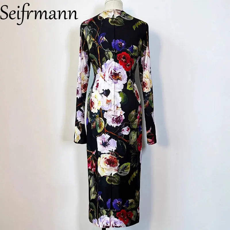 Back view of the Midnight Floral Silk Dress featuring a subtle zip closure for easy wear.