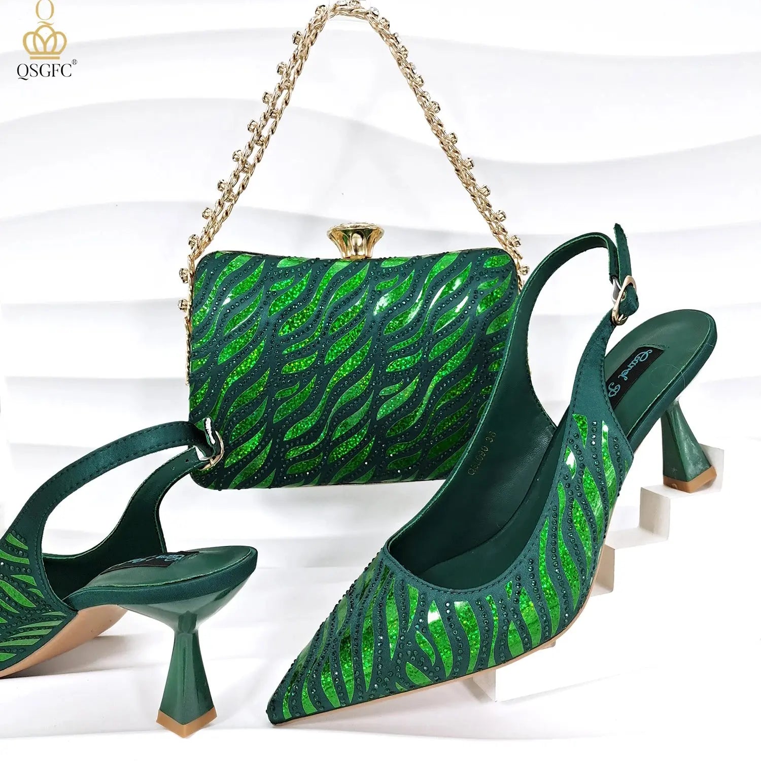 Elegant evening accessory set featuring gold heels and matching clutch.