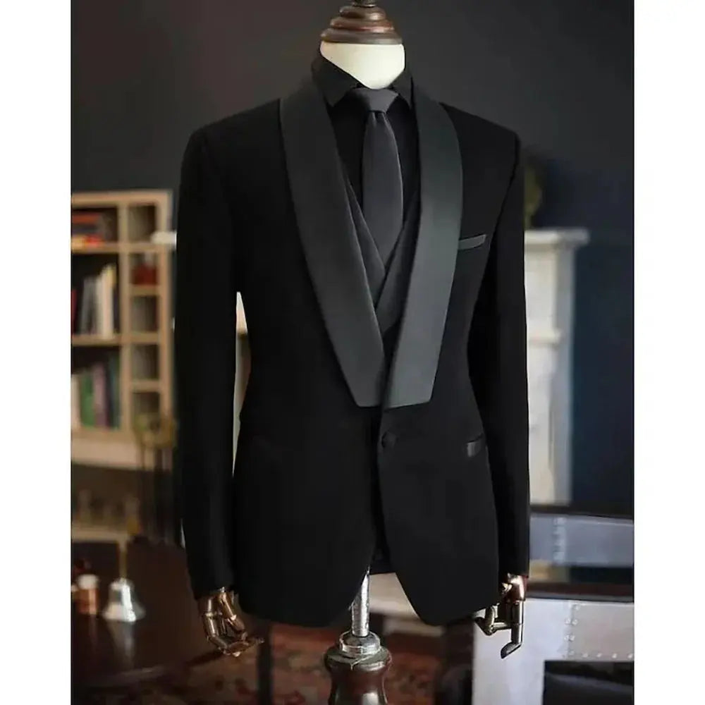 Black three-piece power suit made of luxurious polyester for a sharp, professional silhouette.