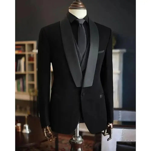 Black three-piece power suit made of luxurious polyester for a sharp, professional silhouette.