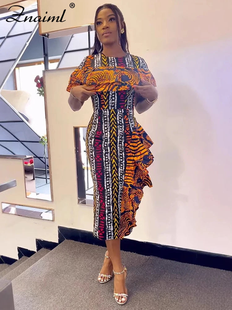 African Festival Print Ruffles Bodycon Midi Dress