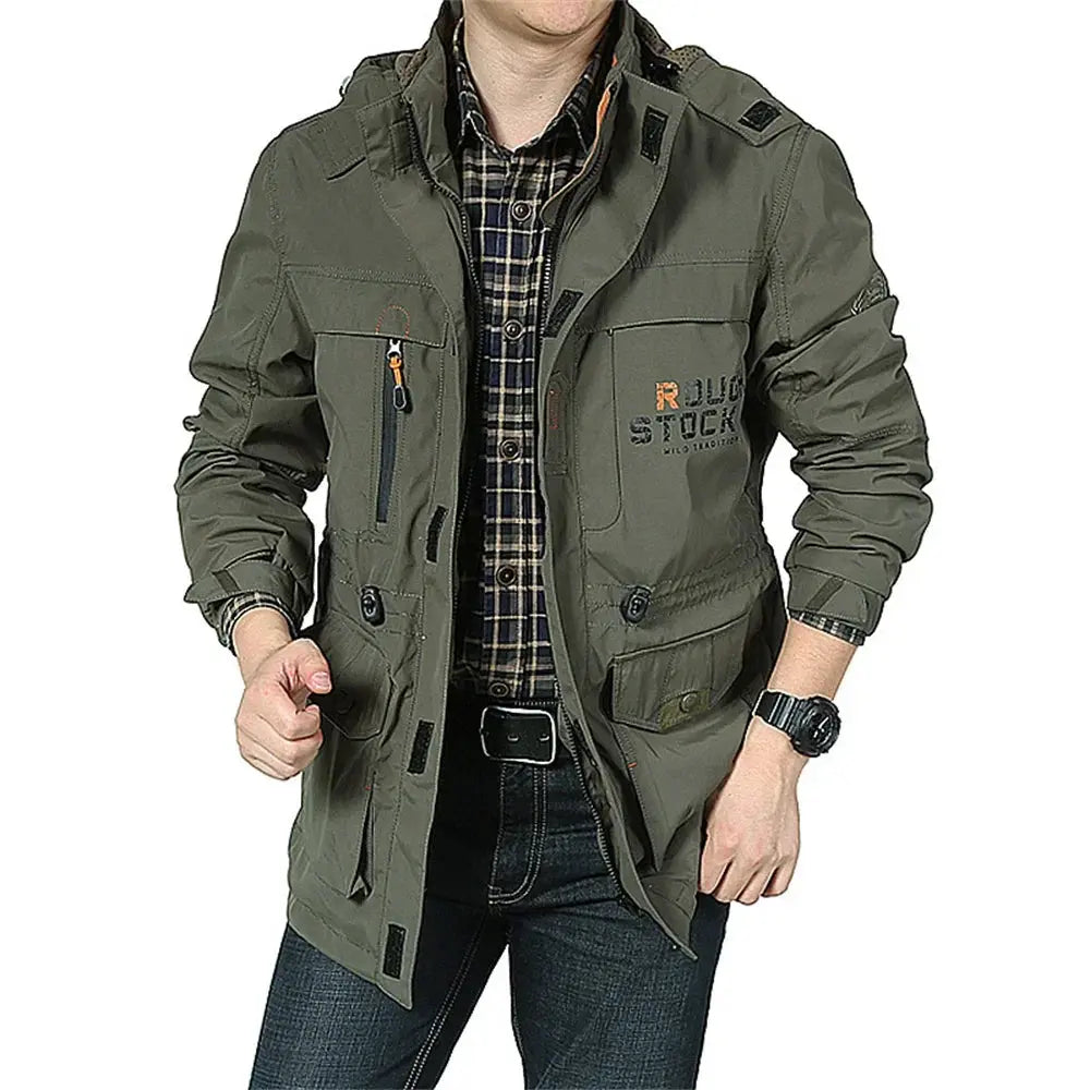 Men's Sharp Versatile Jacket in navy with detachable hood for weather readiness.
