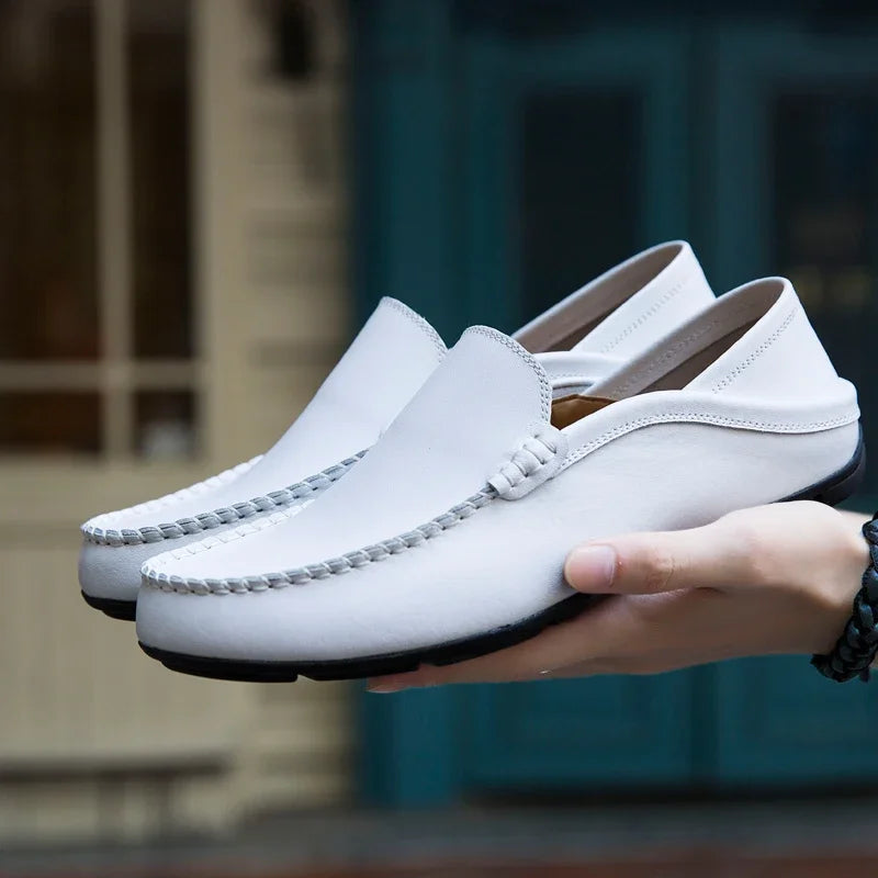 Close-up of the slip-on closure of handcrafted loafers, combining convenience and style.