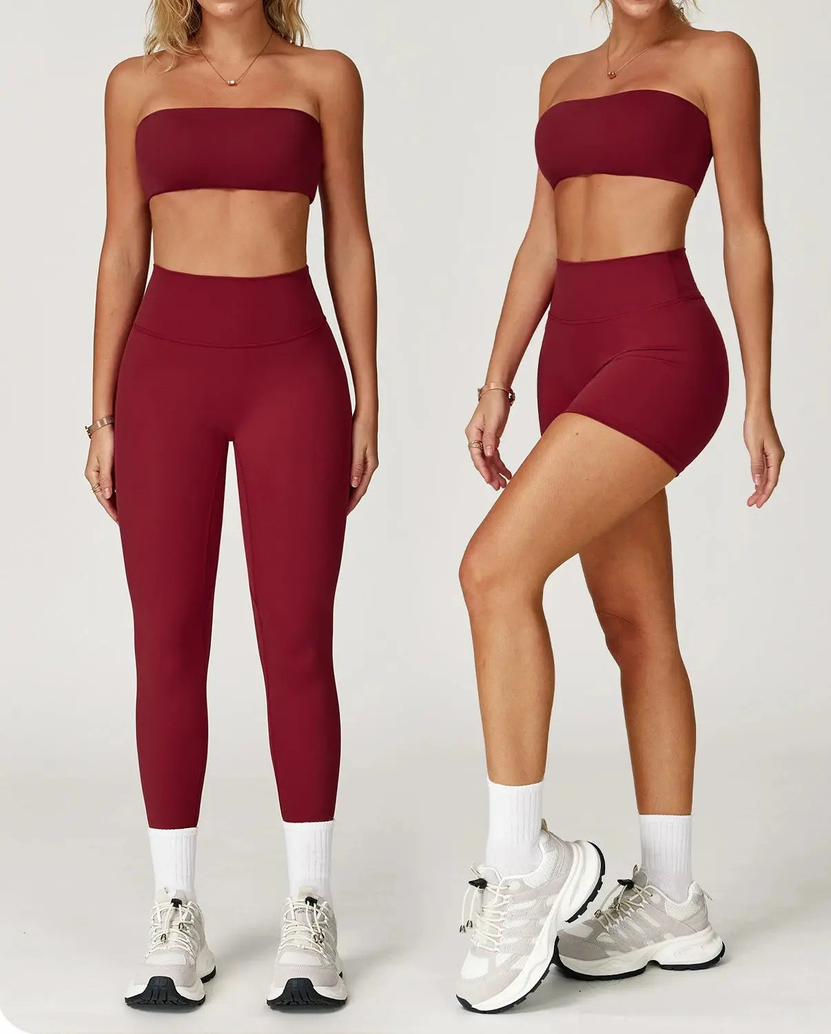 Seamless Comfort sports set in vibrant red, crafted from nylon and spandex for flexibility.