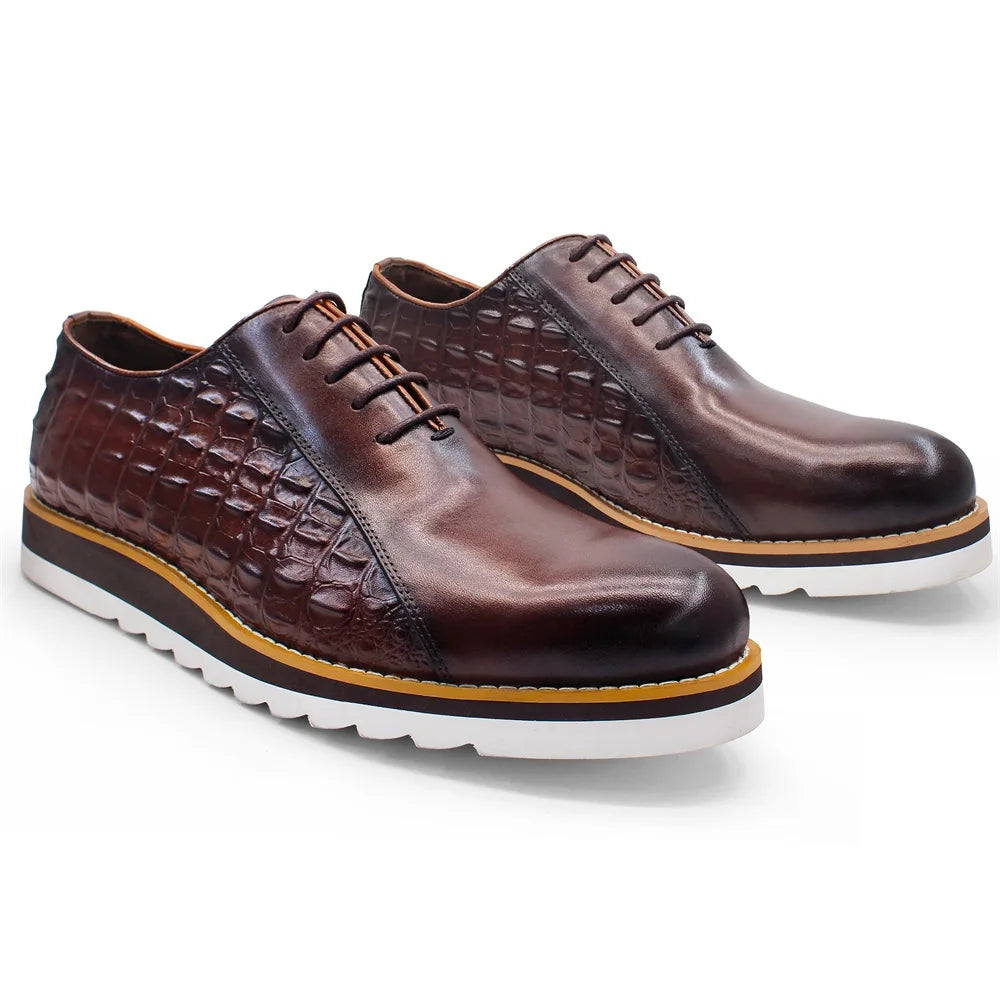 Professional black leather oxford shoes with distinctive crocodile embossing and durable construction
