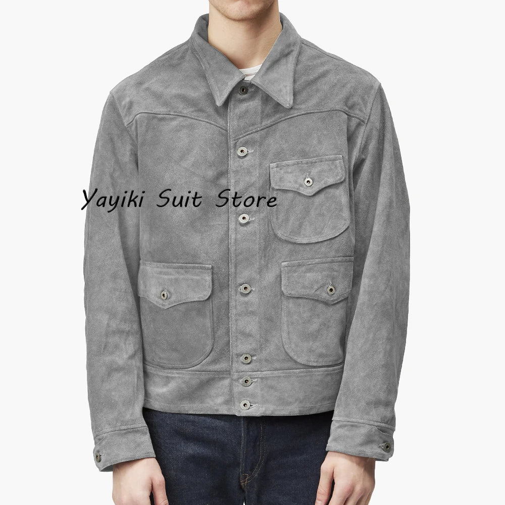 Side view of the Autumn Whisper suede jacket, highlighting its comfortable fit and premium materials.