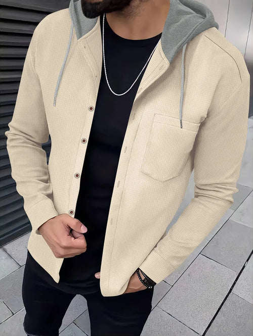 Autumn Whisper hooded cardigan in soft polyester, perfect for crisp days.