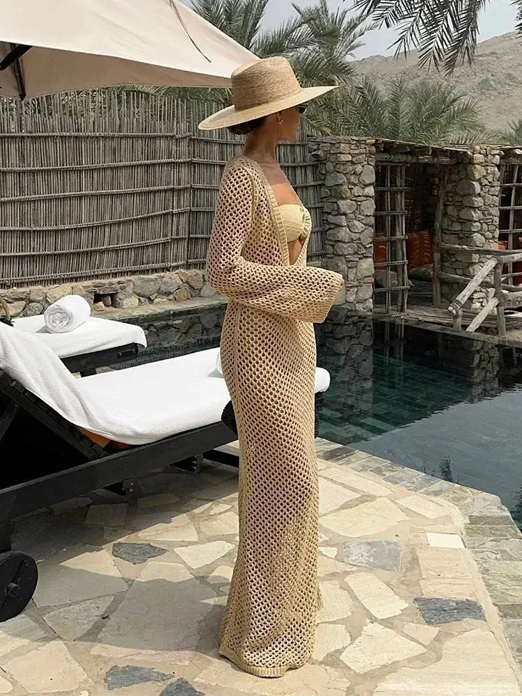 Close-up of the bell sleeves on the Whisper of Waves Crochet Maxi Cover-Up, highlighting the airy crochet detail.
