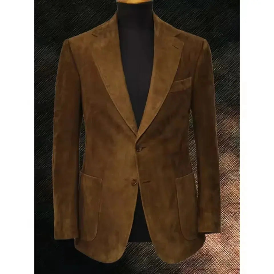 Tailored suede jacket in rich brown, showcasing sharp contours and slim fit design.