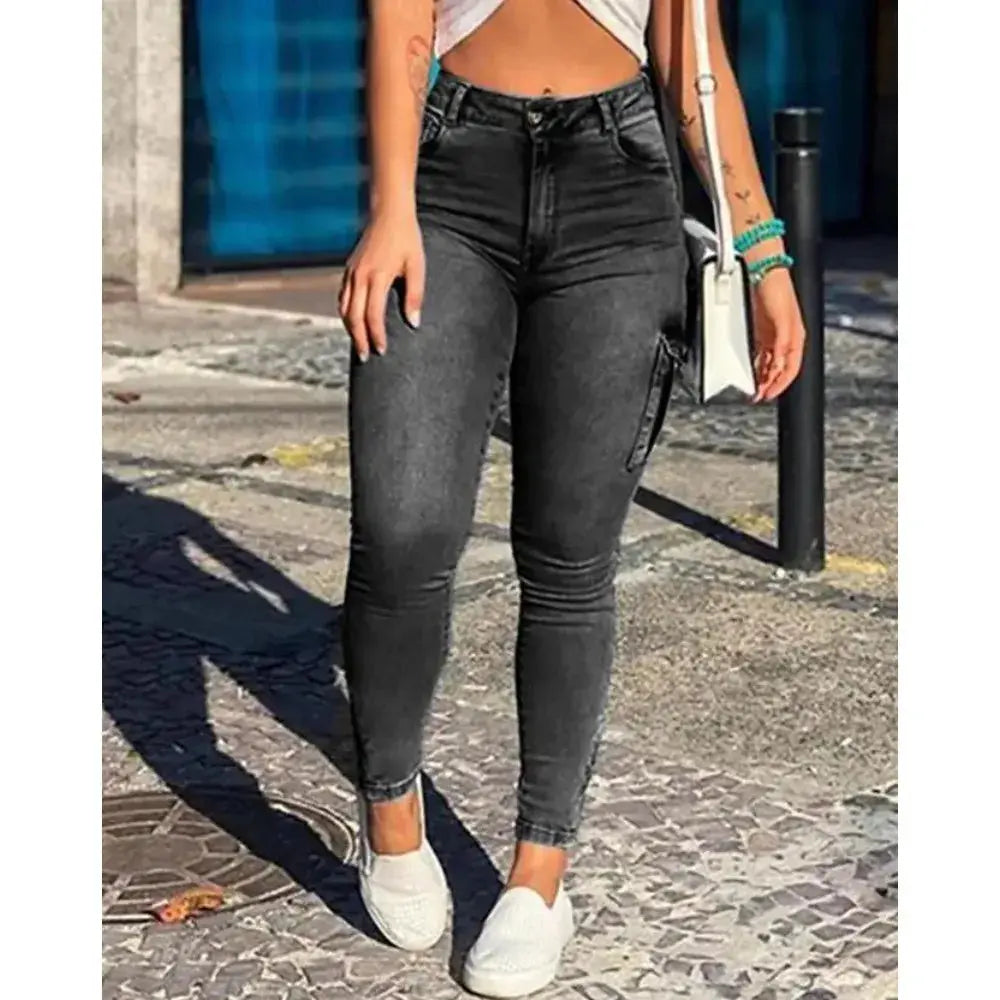 Close-up of the soft cotton-polyester blend fabric of Sunset Strolls High-Waist Jeans.