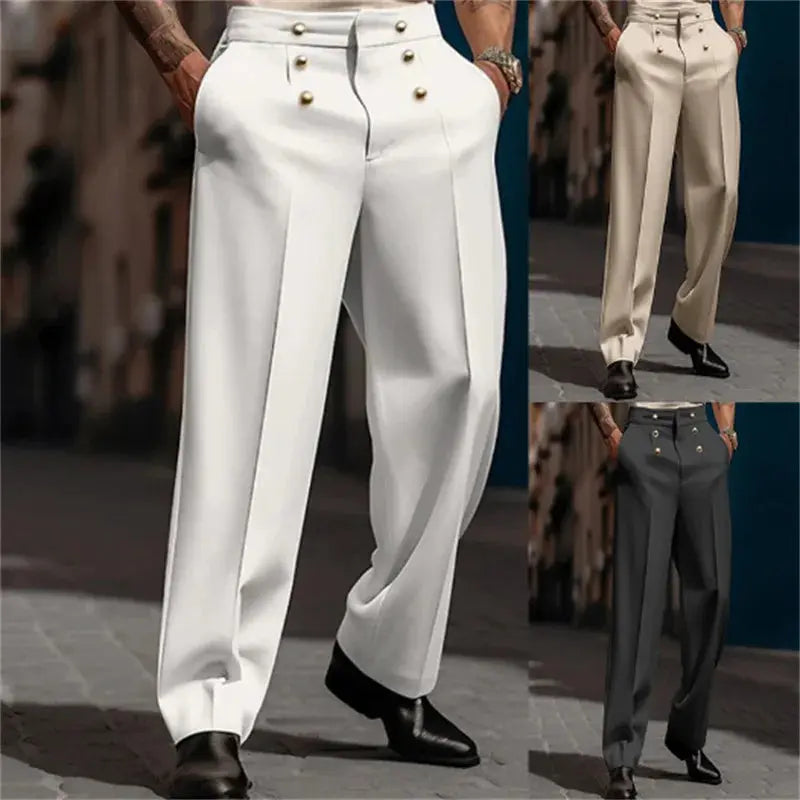 Sleek black polyester business trousers with a tailored fit and flat front design.