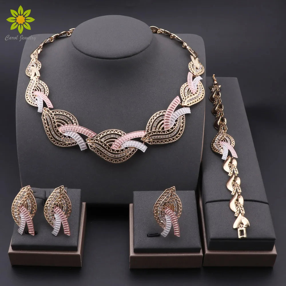 Multicolor crystal bridal jewelry set with necklace, bracelet, earrings and ring on white background