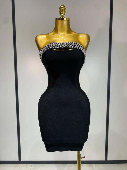 Dazzling mini dress with diamond detail, body-con silhouette in shimmering fabric.