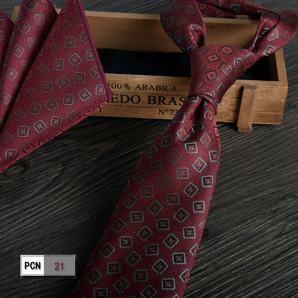 Wine-red silk tie and scarf set for a polished appearance.