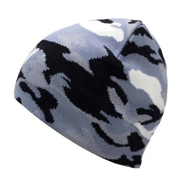 Casual beanie featuring a rugged camo design, perfect for outdoor gear.