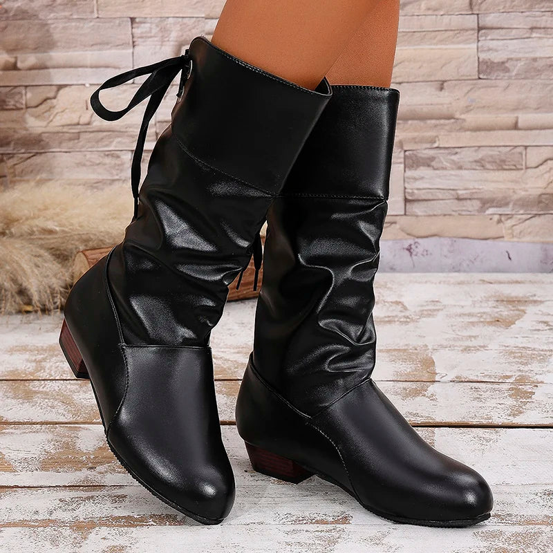 Lace-up PU leather boots with western flair and comfortable low heel design