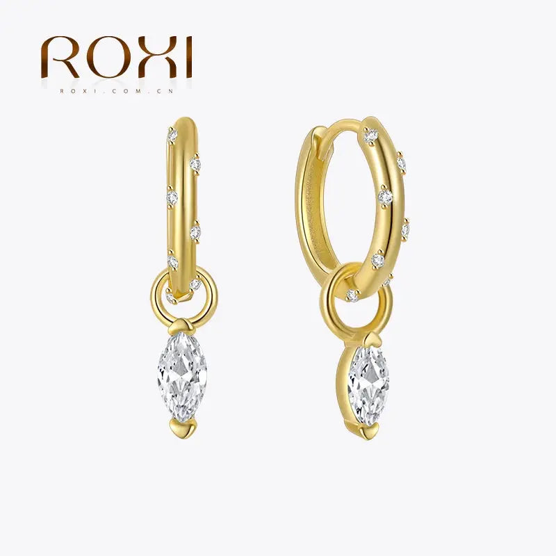 Silver zircon drop earrings with geometric design and 925 sterling silver.
