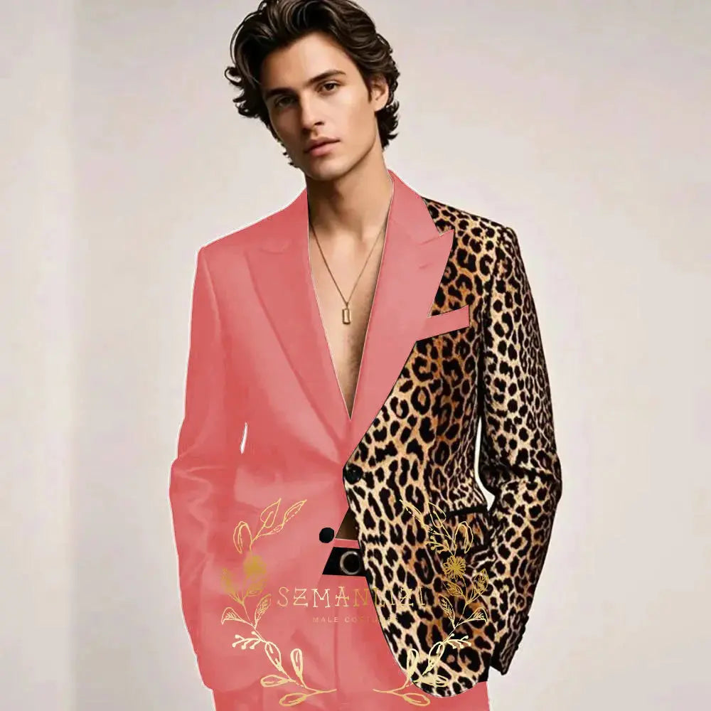 Modern men's tuxedo jacket with distinctive leopard print peak lapel styling