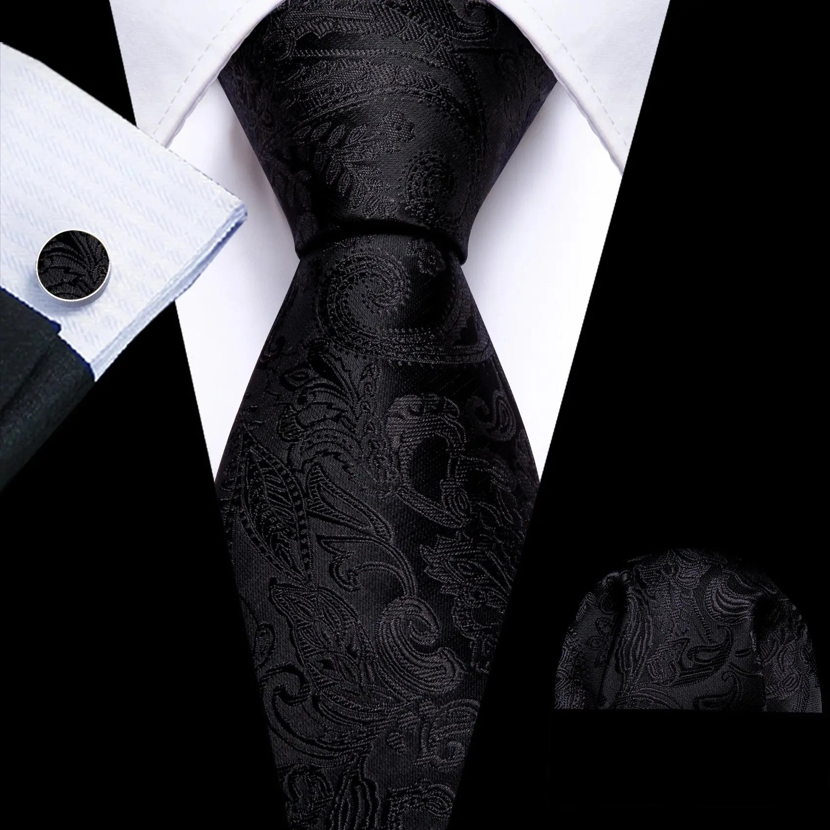 Elegant black tie set with luxurious silk and cufflinks