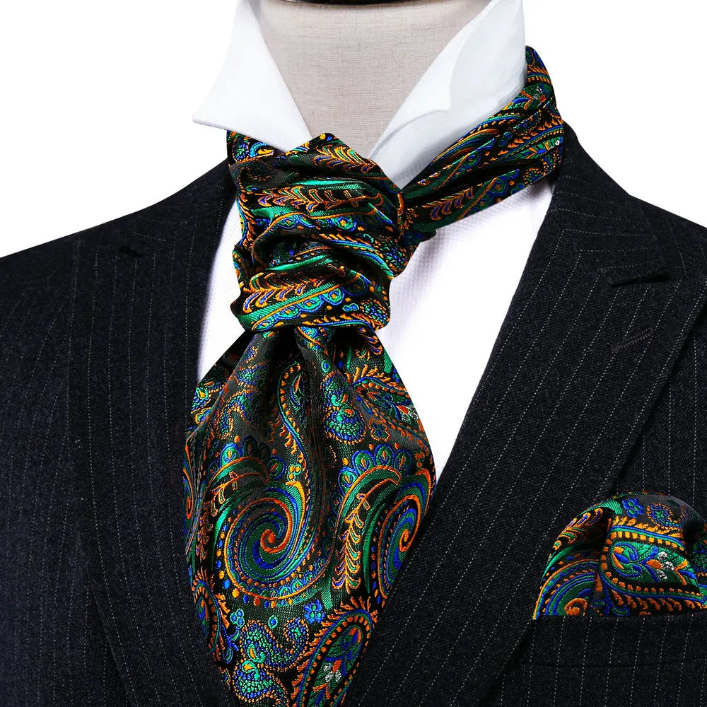 Luxurious silk ascot gift set featuring matching handkerchief and cufflinks for formal events