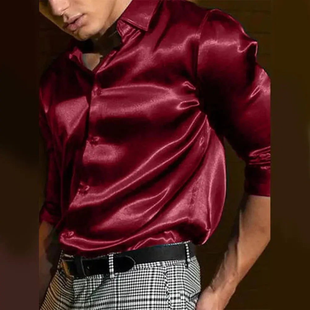 Model wearing a silky satin shirt, exuding confidence in a boardroom setting.