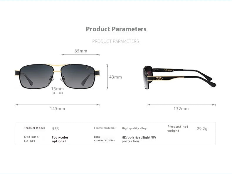 Black rectangle polarized sunglasses with TAC lenses offering UV400 protection and glare reduction