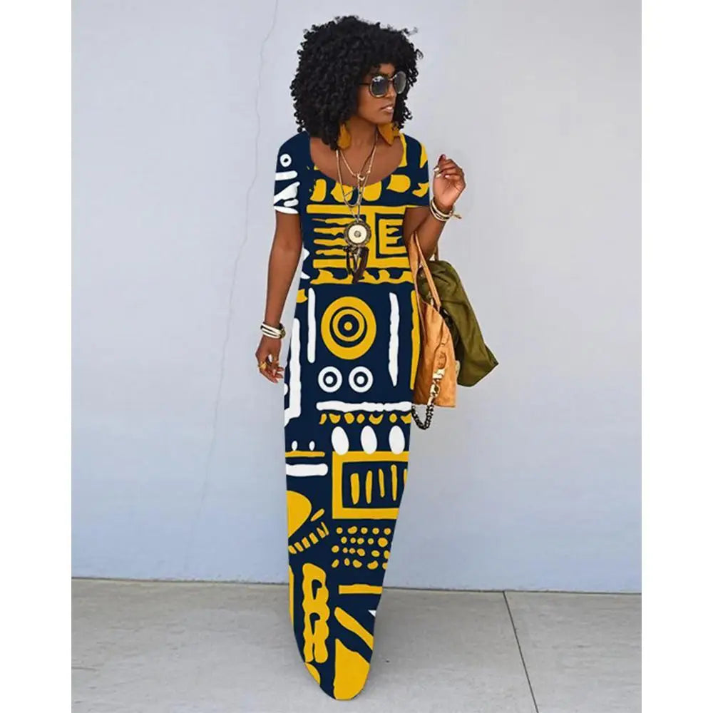 African Ethnic Print Retro Slim Short-Sleeve Long Dress