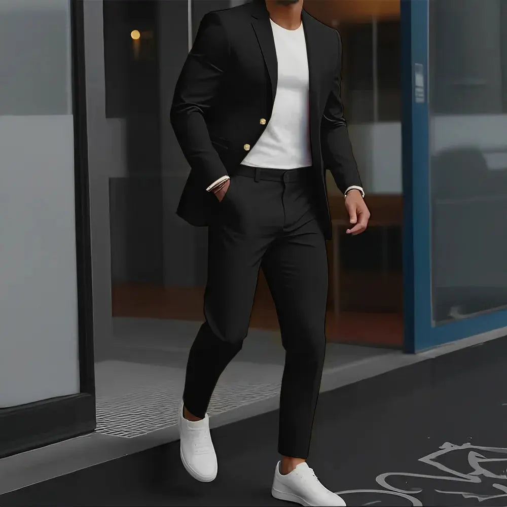Single-breasted navy wool suit, perfect for business and formal events.