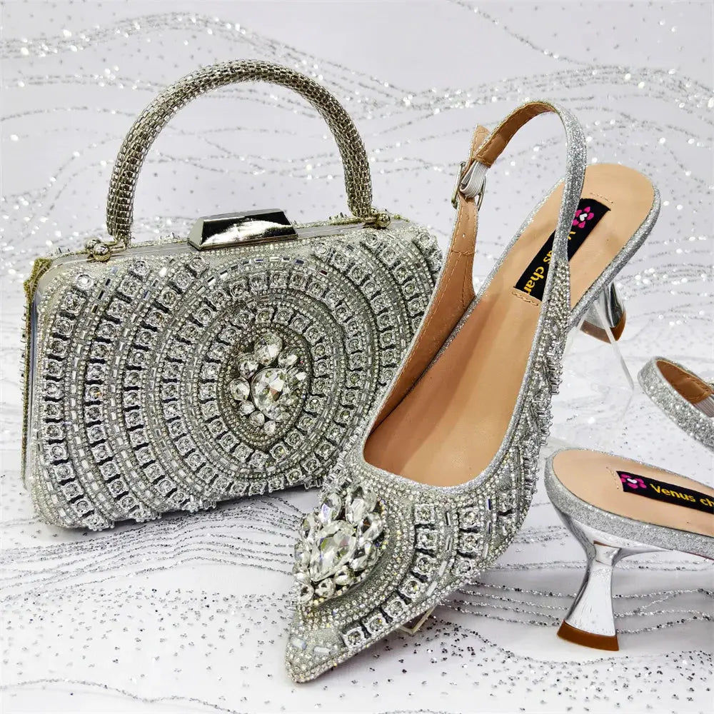 Rhinestone handbag paired with green heels for a complete look.