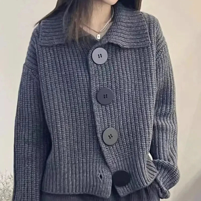 Model wearing the Autumn Whispers Cardigan, demonstrating its cozy fit and casual chic style.
