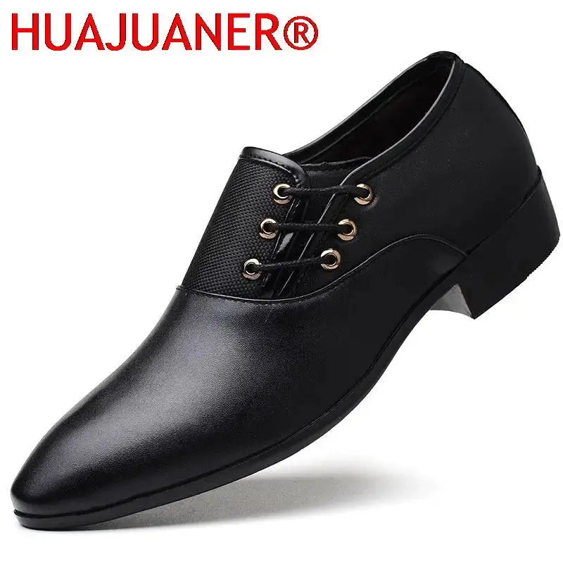 Premium black oxford dress shoes with high-gloss patent leather upper and precision stitching