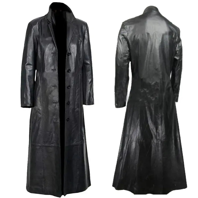 Back view of the slim fit leather coat highlighting its sleek lines and modern design.