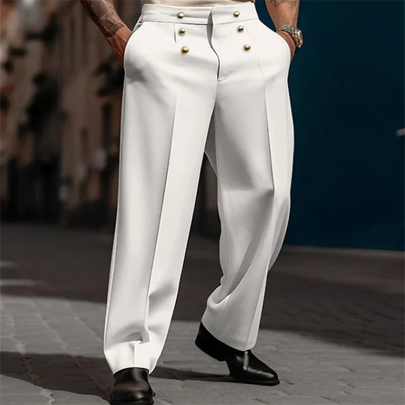 Button fly closure on sleek trousers, emphasizing comfort and modern workwear style.