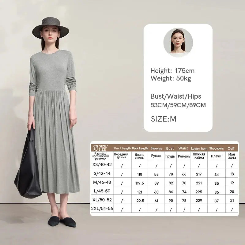 Full-length view of the elegant knitwear dress, ideal for business and networking.