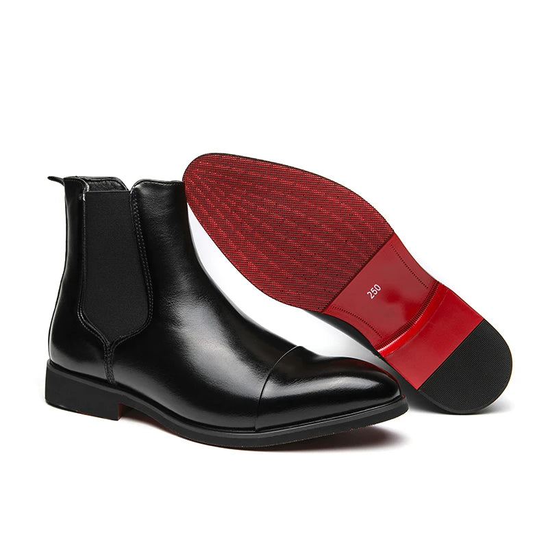 Men's black ankle boots with elastic gussets and distinctive red outsole for boardroom style