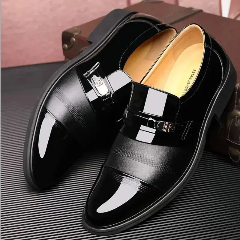 Pointed toe design of men's dress shoes, showcasing modern elegance.