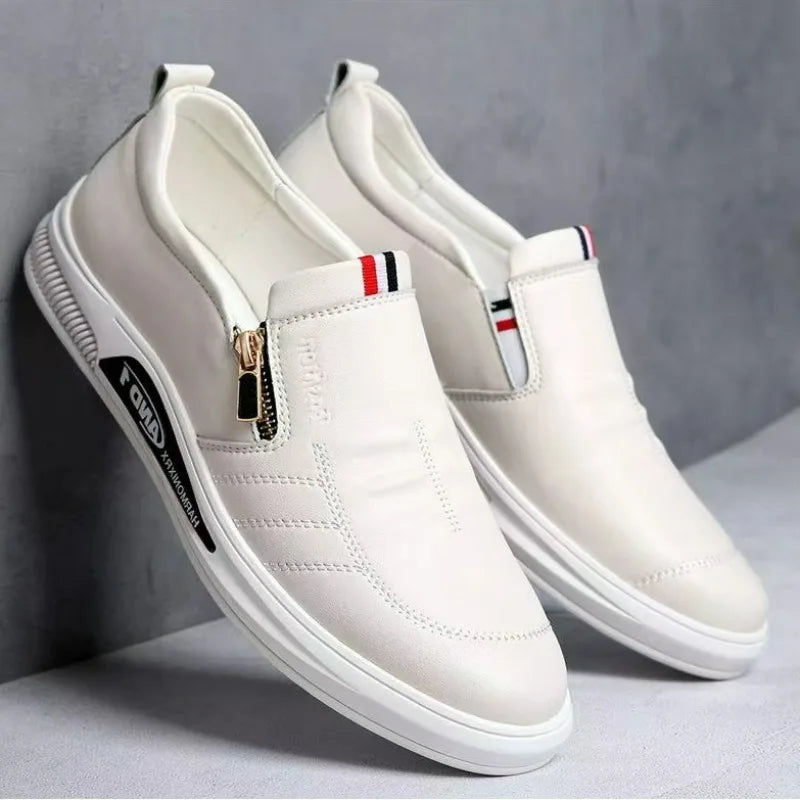 Sleek white sneaker loafers with zip closure for a modern look.