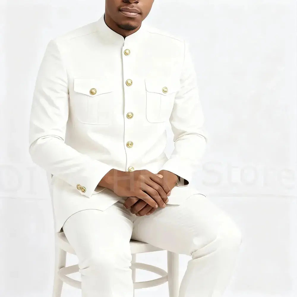 Suit laid flat to show the tailored pants and jacket.