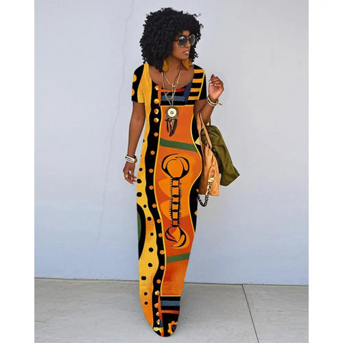 African ethnic print long dress with vibrant patterns and short sleeves on white background