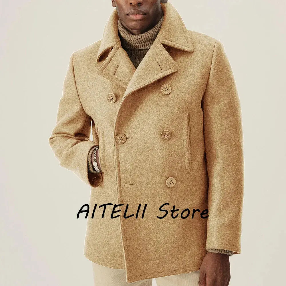 Model wearing the coat with casual attire, showcasing its versatile style.