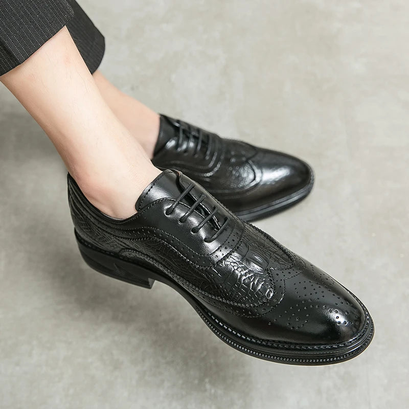 Professional leather dress shoes with traditional brogue pattern ideal for office and formal events